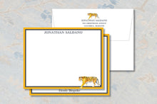 Load image into Gallery viewer, a set of stationery items, including an envelope and a note card, with a tiger illustration on them.
