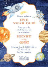 Load image into Gallery viewer, Houston, we have a one year old! Please join us for out of this world fun, as we celebrate Henry turning one! Saturday, July 11, 2026 4:00 pm, 33 Harbor Road, Rye,New Hampshire RSVP to Grace 987.654.3221
