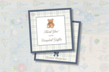 Load image into Gallery viewer, Teddy Bear Baby Shower Gift Tags | Blue Gingham Beary Preppy Stickers
