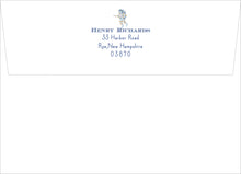 Load image into Gallery viewer, The image is a white envelope with a blue label that reads "Henry Richards 33 Harbor Road Rye, New Hampshire 03870".
