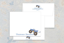 Load image into Gallery viewer, a set of three pieces of paper, including an envelope and two note cards. The envelope has a blue and white design with a blue monster truck on it, and the note cards have a blue and white design with a blue monster truck on them.
