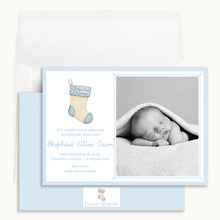 Load image into Gallery viewer, Blue Baby's First Christmas Card, front and back with envelope
