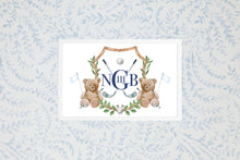 Load image into Gallery viewer, Watercolor Crest Monogram Baby Art Print / Bear and Golf Nursery Art / Boy Art Print / Boy Nursery / Baby Shower / Baby Shower Gift
