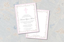 Load image into Gallery viewer, Girl Baptism Invitation | Watercolor Cross | Pink Floral Border | Baby Dedication Invite
