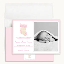 Load image into Gallery viewer, Pink Baby's First Christmas Card, front and back with envelope
