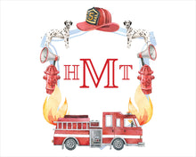Load image into Gallery viewer, Watercolor Crest Monogram Baby Art Print / Fireman Nursery Art / Boy Art Print / Firetruck Watercolor Crest / Baby Shower / Baby Shower Gift

