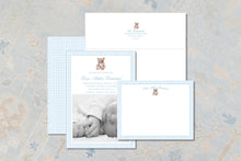 Load image into Gallery viewer, Teddy Bear Watercolor Birth Announcement Boy | Blue Gingham Personalized Card
