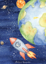 Load image into Gallery viewer, A watercolor painting depicting a rocket ship flying towards a planet, with a sun and other celestial bodies in the background.
