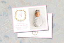 Load image into Gallery viewer, Monogram Crest Birth Announcement | Watercolor Floral | Baby Girl Photo
