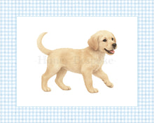 Load image into Gallery viewer, Watercolor Boy Nursery Wall Art Set | Blue Gingham Monogram, Labrador, Bow and Rocking Horse
