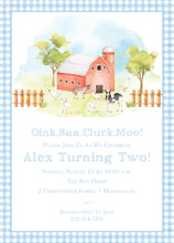 Load image into Gallery viewer, Farm Birthday Invitation | Blue Gingham Barnyard Party Invite | Boy
