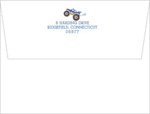 Load image into Gallery viewer, a blue monster truck on the envelope, with the address "8 HARDING DRIVE RIDGEFIELD, CONNECTICUT 06877" printed on it.
