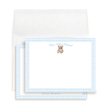 Load image into Gallery viewer, Blue Gingham Teddy Bear Stationery | Personalized Baby Boy Note Cards

