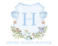 Load image into Gallery viewer, Watercolor Rocking Horse and Hot Air Balloon Crest with Monogram Art Print
