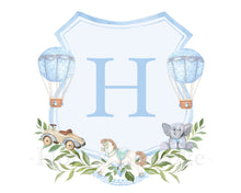 Load image into Gallery viewer, Watercolor Rocking Horse and Hot Air Balloon Crest with Monogram Art Print
