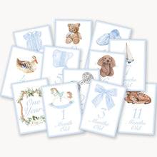 Load image into Gallery viewer, Heirloom Boy baby milestone cards in blue, full set of monthly cards

