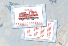 Load image into Gallery viewer, Personalized Laminated Firetruck Placemat For Kids / Laminated Watercolor Firetruck Placemat / Educational Placemat / Preppy Boys Placemats
