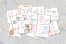 Load image into Gallery viewer, a collection of baby milestone cards, each with a different age and corresponding illustration.
