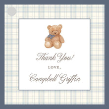 Load image into Gallery viewer, Teddy Bear Baby Shower Gift Tags | Blue Gingham Beary Preppy Stickers
