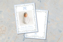 Load image into Gallery viewer, Blue Floral Bow Birth Announcement | Watercolor Baby Girl Photo Card
