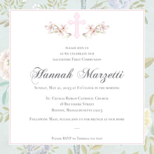 Load image into Gallery viewer, Pink Watercolor Floral Baptism Invitation | Custom Cross Religious Invite

