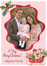 Load image into Gallery viewer, Pink Sleigh Christmas Card, front of 5x7 vertical photo card
