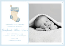 Load image into Gallery viewer, Blue Baby's First Christmas Card, front of 5x7 horizontal photo card
