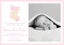 Load image into Gallery viewer, Pink Baby's First Christmas Card, front of 5x7 horizontal photo card
