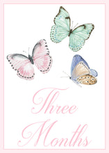 Load image into Gallery viewer, Three colorful butterflies in different stages of flight, with the text "Three Months" below them.
