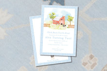 Load image into Gallery viewer, Farm Birthday Invitation | Blue Gingham Barnyard Party Invite | Boy

