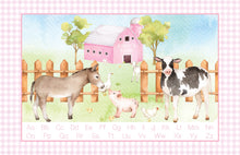 Load image into Gallery viewer, Personalized Laminated Farm Animals Placemat / Oink Baa Moo Placemat / Laminated Farm Theme Placemat / Pink  Gingham Placemat for Girls
