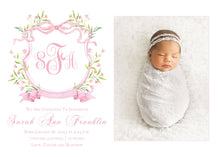 Load image into Gallery viewer, Custom Watercolor Birth Announcement Card: Preppy Baby Girl Photo Crest
