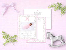 Load image into Gallery viewer, Birth Announcement Card Pink Floral Bow | Personalized Newborn Photo
