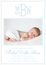 Load image into Gallery viewer, Personalized Baby Birth Announcement | Blue Photo Card with Monogram
