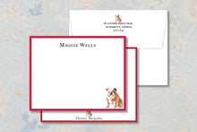 Load image into Gallery viewer, a set of stationery items, including a red-bordered note card with a picture of a bulldog and a matching red-bordered envelope.
