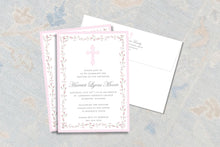 Load image into Gallery viewer, Girl Baptism Invitation | Watercolor Cross | Pink Floral Border | Baby Dedication Invite
