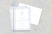 Load image into Gallery viewer, Boy Baptism Invitation | Watercolor Cross | Blue Floral Border | Baby Dedication Invite
