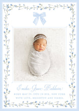 Load image into Gallery viewer, Blue Floral Bow Birth Announcement | Watercolor Baby Girl Photo Card
