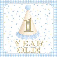 Load image into Gallery viewer, A birthday card with a white paper hat with the number 1 on it, surrounded by blue and white polka dots, and the text "YEAR OLD!" below it.
