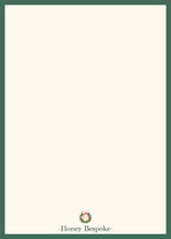 Load image into Gallery viewer, Green Script Happy Holidays Card, back of card with Honey Bespoke logo
