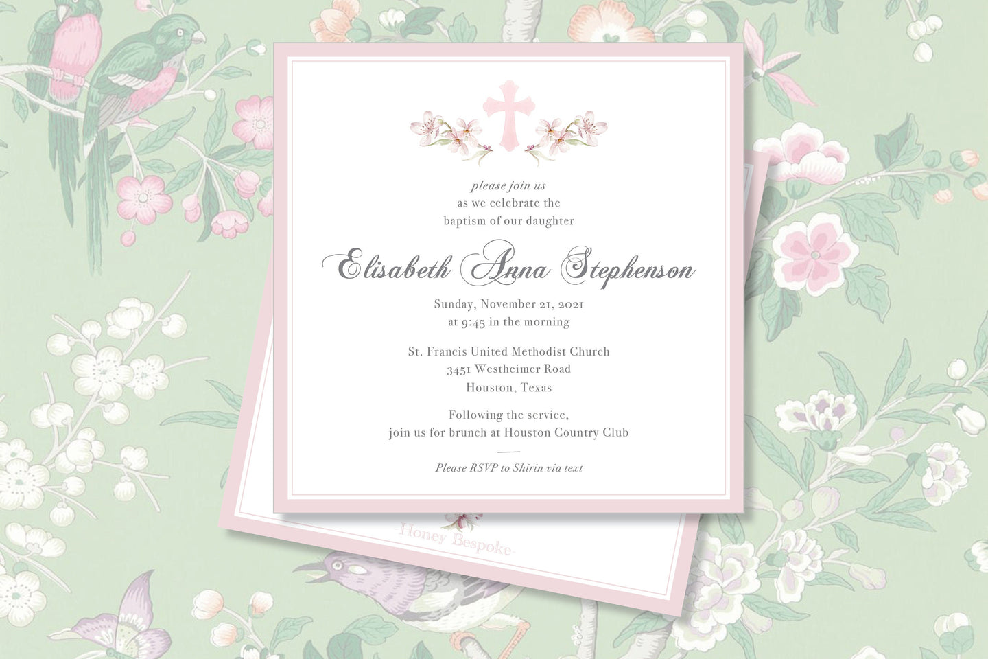 Pink Cross Watercolor Boy Baptism Invitation