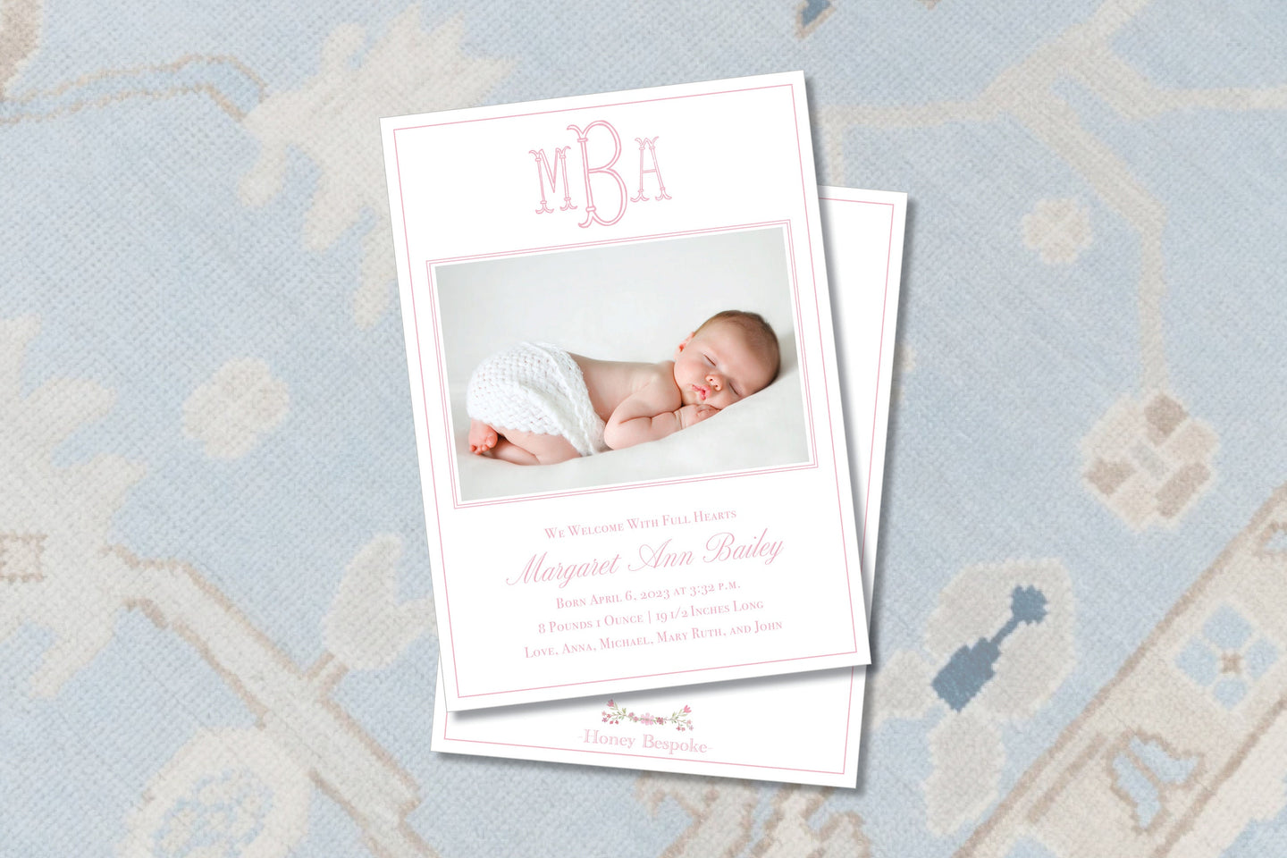 Pink Monogram Birth Announcement