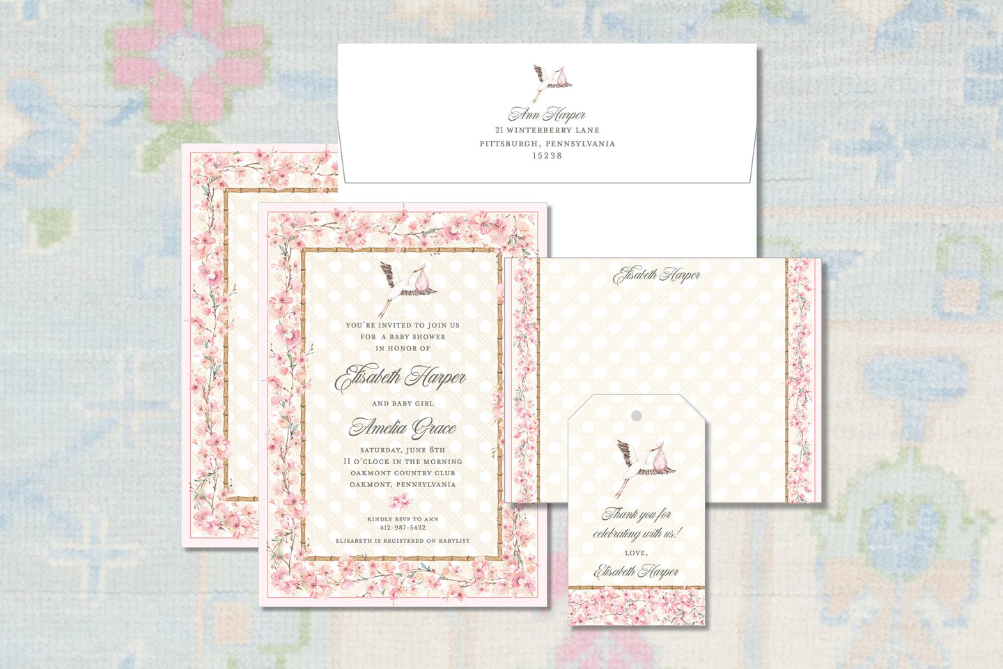 Stork and Flowers Baby Shower Invitation