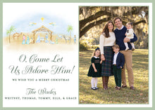 Load image into Gallery viewer, Sage Nativity Christmas Card, front of 5x7 horizontal photo card
