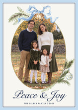 Load image into Gallery viewer, Blue Bow Peace &amp; Joy Christmas Card, front of 5x7 vertical photo card
