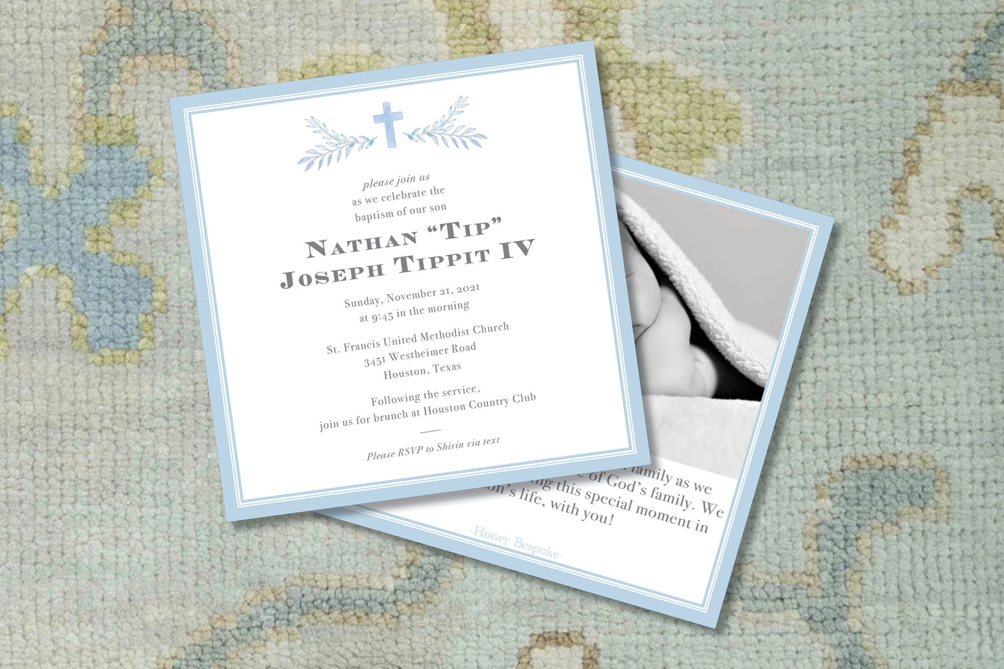 Watercolor Baptism Invitation / With Photo / Blue / Preppy/ Christening / Dedication / Baby boy / Southern Invitation / Personalized