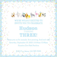 Load image into Gallery viewer, Party Animals Invitation Watercolor Balloon / Classic / Toddler / Zoo / Animals / Blue / Preppy / First / Birthday / Party / Toddler / Child
