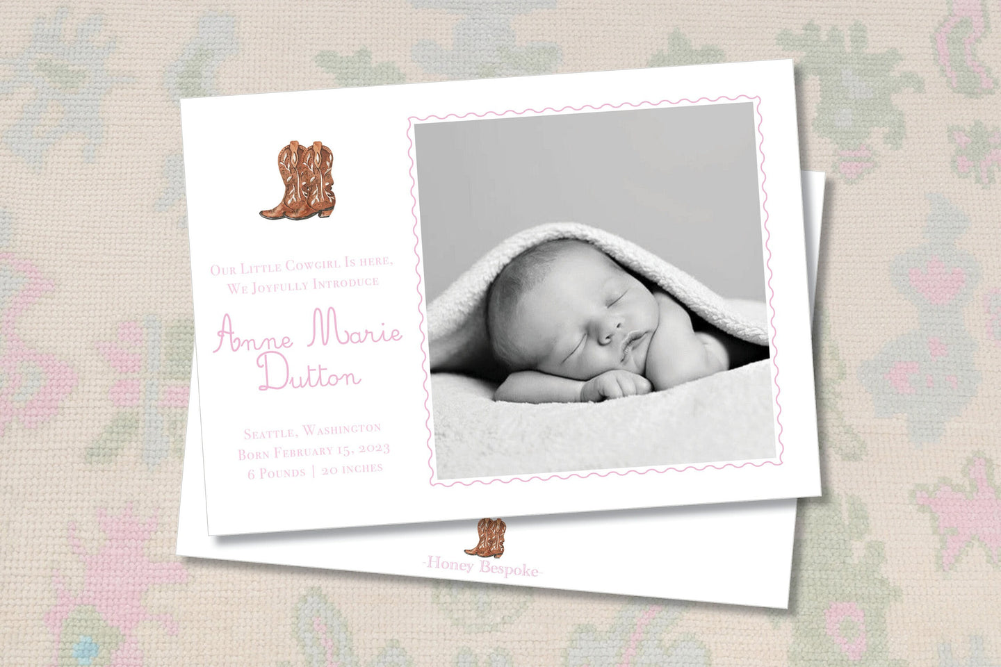 Baby Birth Announcement Cowgirl / Cowgirl Theme Baby / Southern Baby Designs / Cowgirl Baby Shower / Watercolor Boots / Preppy