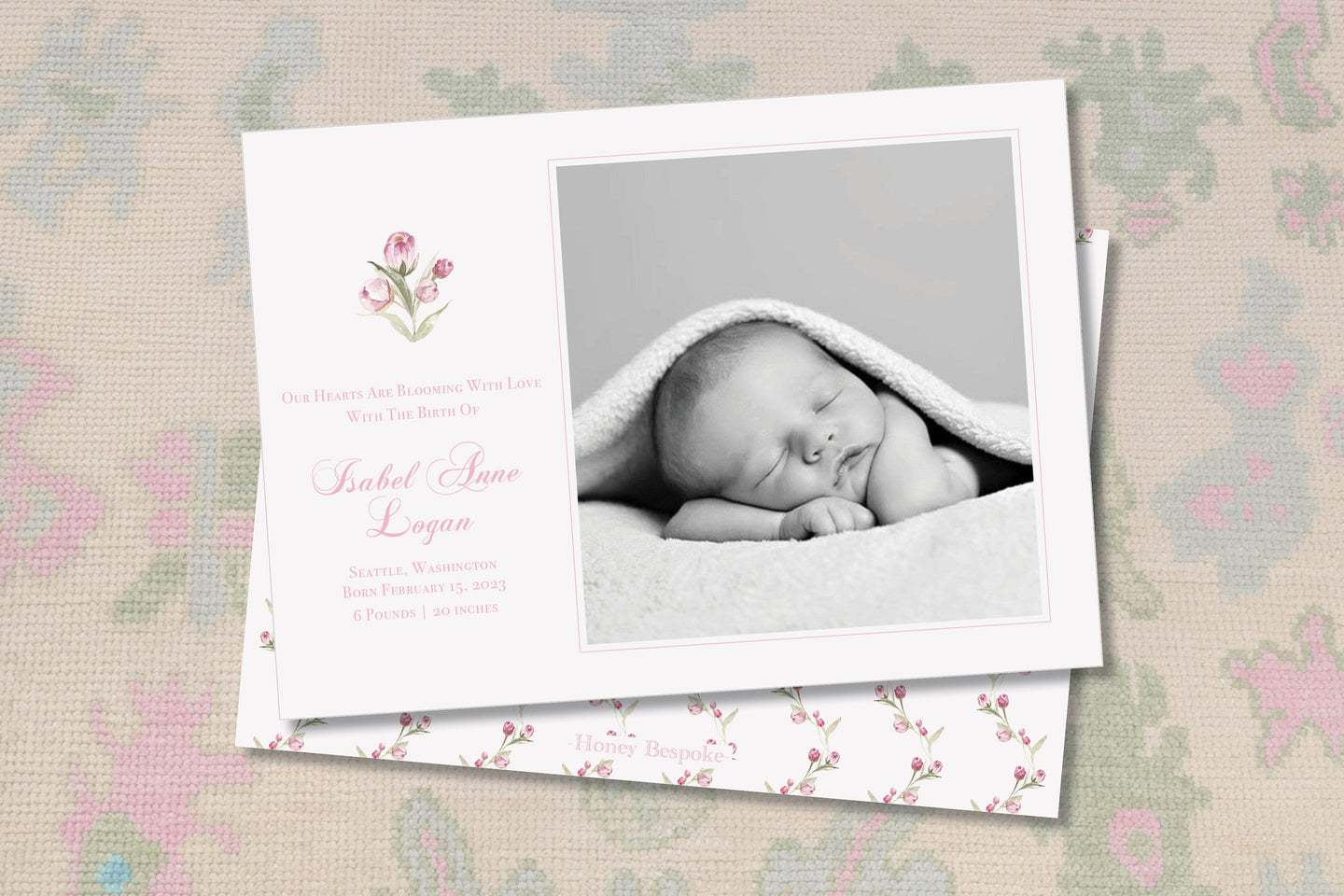 Watercolor Floral Flower Baby Birth Announcement / Classic / Baby / Birth / Pink /Newborn / Girl / Boy / Pink / Preppy / Photo / Invitation