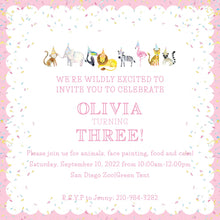 Load image into Gallery viewer, Party Animals Invitation Watercolor / Calling All Party Animals Invitation/ Boy birthday / Zoo / Animals / Pink / Preppy / Toddler / Child
